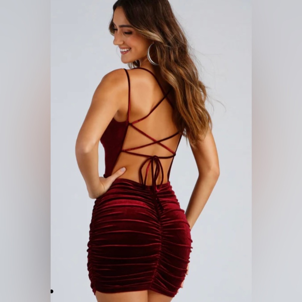 ❤️SOLD - MERCARI❤️Red Velvet Ruched Open Back Bodycon Mini Dress
